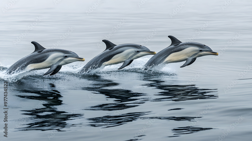 Fototapeta premium A pod of playful dolphins leaps joyfully through the crystal-clear, azure sea, their sleek bodies glistening in the sunlight