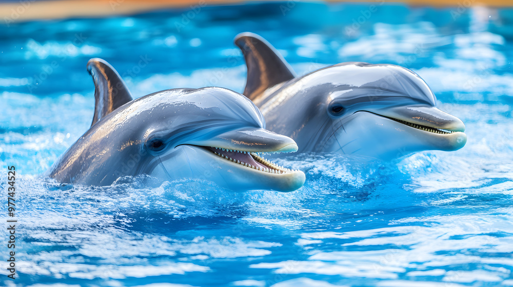 Naklejka premium A pod of playful dolphins leaps joyfully through the crystal-clear, azure sea, their sleek bodies glistening in the sunlight