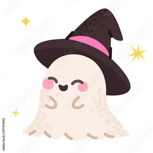 Cute ghost in witch hat, vector illustration isolated on white background