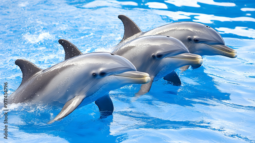 Naklejka premium A pod of playful dolphins leaps joyfully through the crystal-clear, azure sea, their sleek bodies glistening in the sunlight