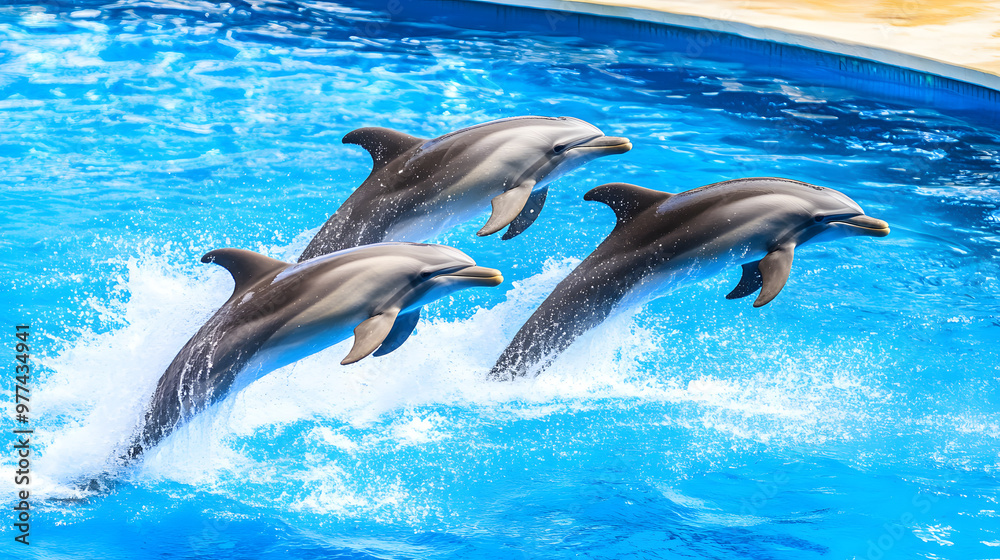 Obraz premium A pod of playful dolphins leaps joyfully through the crystal-clear, azure sea, their sleek bodies glistening in the sunlight