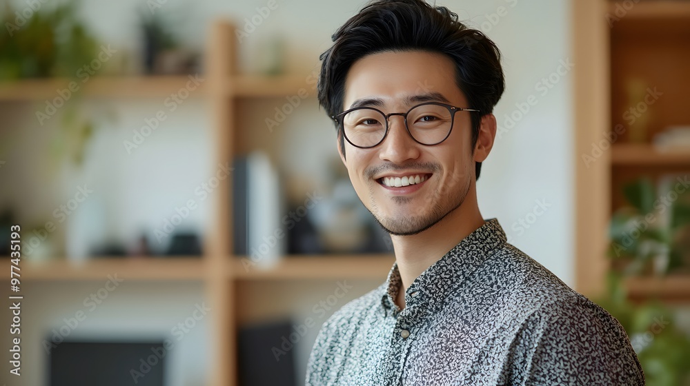 Fototapeta premium Portrait of a Smiling Man in Glasses Wearing a Patterned Shirt