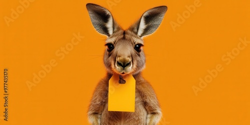 Playful Kangaroo with Discount Tag on Orange Background photo