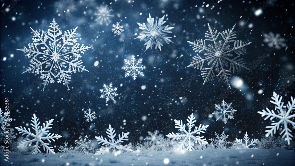 A beautiful winter scene with snowflakes falling on a snowy ground. A beautiful winter scene with snowflakes falling on a snowy ground.