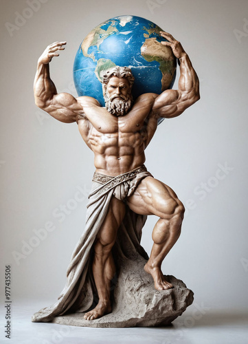 atlas statue holding rounded earth in the hands, on the head, concrete classic statue that express strength, isolated in light grey background photo