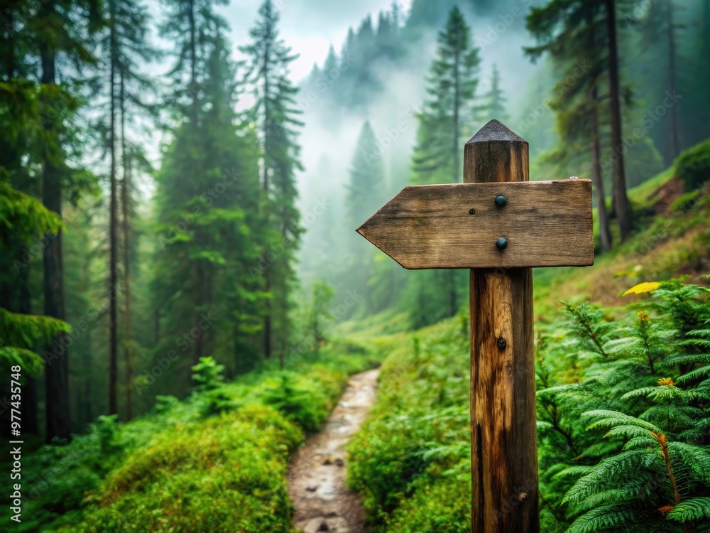 A weathered wooden trail marker stands tall amidst a lush green forest, its faded arrow pointing the way through a serene and misty mountainous terrain. A weathered wooden trail marker stands tall amidst a lush green forest, its faded arrow pointing the way through a serene and misty mountainous terrain.