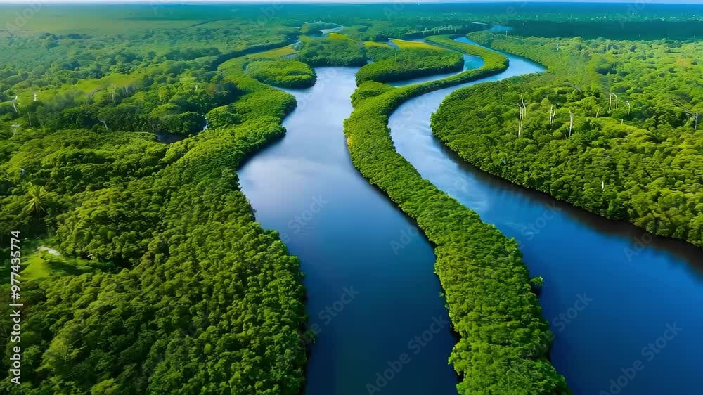 A winding river surrounded by lush greenery, showcasing a vibrant and natural landscape. A winding river surrounded by lush greenery, showcasing a vibrant and natural landscape.