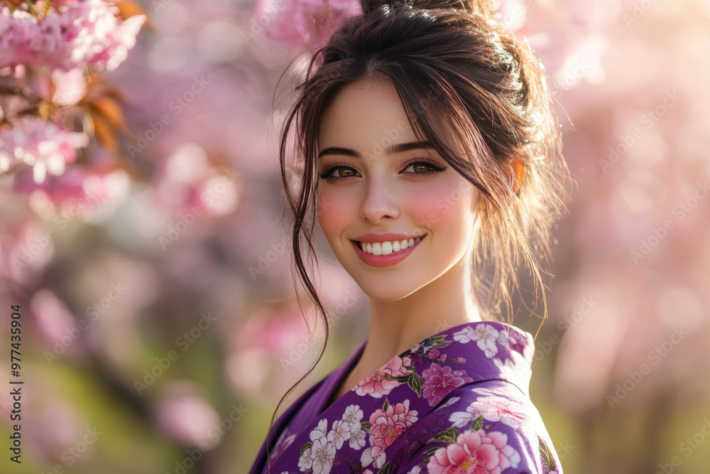 Canadian woman wearing japanese kimono with cherry blossom background Canadian woman wearing japanese kimono with cherry blossom background