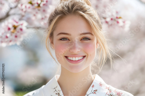 Caucasian woman wearing japanese kimono with cherry blossom background