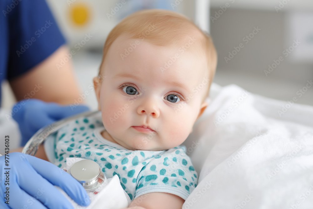 A Newborn Baby Lying On A Soft White Sheet, Being Examined By A Healthcare Professional With Blue Gloves Using A Stethoscope. A Newborn Baby Lying On A Soft White Sheet, Being Examined By A Healthcare Professional With Blue Gloves Using A Stethoscope.
