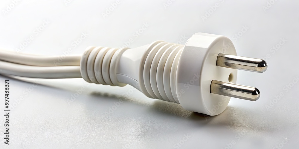 A white three-pronged plug with a sturdy black cord curled around it, resting on a plain background, showcasing the typical American electrical power connection. A white three-pronged plug with a sturdy black cord curled around it, resting on a plain background, showcasing the typical American electrical power connection.