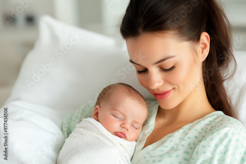 A Young Mother In A Hospital Room, Gently Cradling Her Newborn Baby In Her Arms, Wearing A Light Green Hospital Gown.