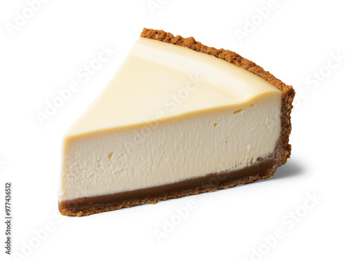 A delicious slice of classic cheesecake with a smooth, creamy texture and a golden-brown graham cracker crust, isolated on a transparent background