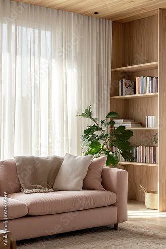 a serene living room corner in a small, minimal apartment, featuring a sofa, TV counter, and bookshelf, all while embracing Wabi-Sabi Japandi design principles