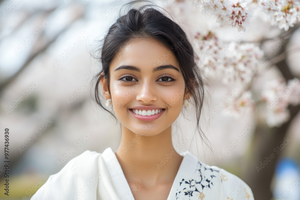 Indian woman wearing japanese kimono with cherry blossom background Indian woman wearing japanese kimono with cherry blossom background