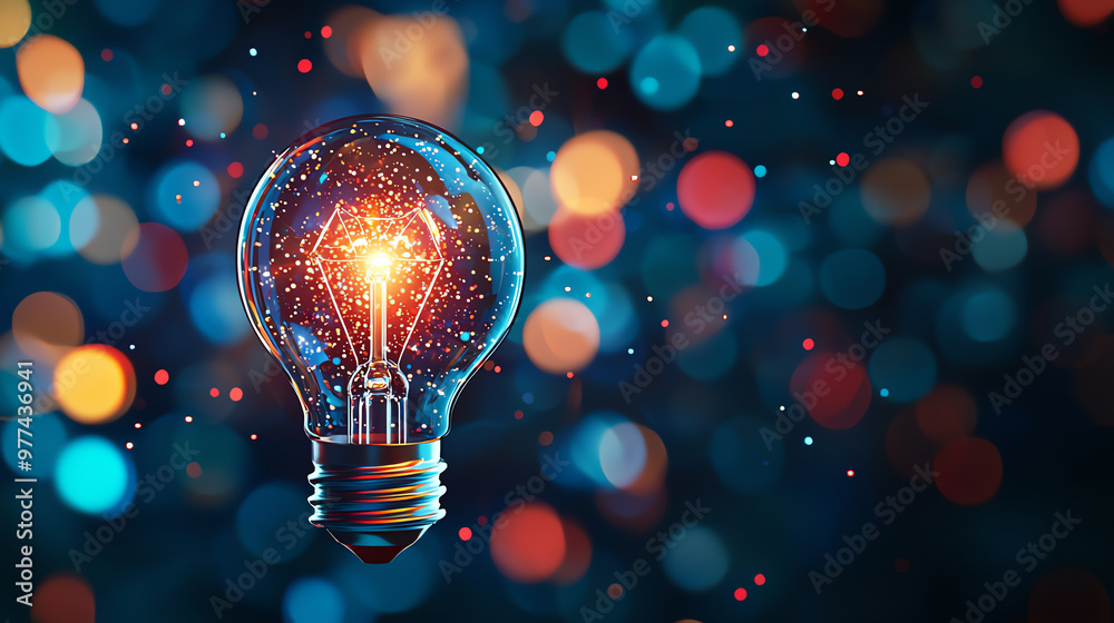 A glowing light bulb illuminates a colorful bokeh background, symbolizing creativity, inspiration, and innovative ideas. A glowing light bulb illuminates a colorful bokeh background, symbolizing creativity, inspiration, and innovative ideas.