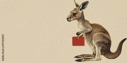 Curious Kangaroo Examining Discount Price Tag on Beige Background