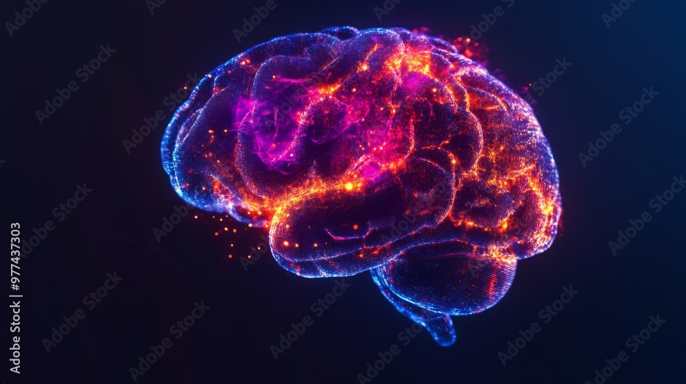 A dynamic shot of a brain illustration with neon-like highlights, representing different functional areas such as memory, emotion, and cognition. A dynamic shot of a brain illustration with neon-like highlights, representing different functional areas such as memory, emotion, and cognition.