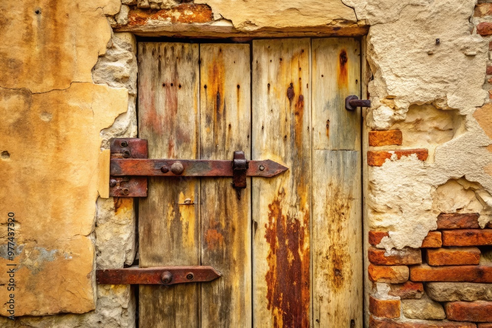 A worn, wooden door with rusty hinges stands ajar, revealing a distressed, cream-colored wall with peeling paint and visible brickwork in the background. A worn, wooden door with rusty hinges stands ajar, revealing a distressed, cream-colored wall with peeling paint and visible brickwork in the background.