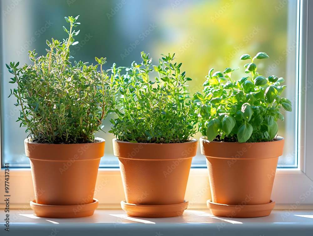 Fresh herbs in terracotta pots by a bright window, showcasing thyme, basil, and oregano, perfect for cooking and home decor. Fresh herbs in terracotta pots by a bright window, showcasing thyme, basil, and oregano, perfect for cooking and home decor.