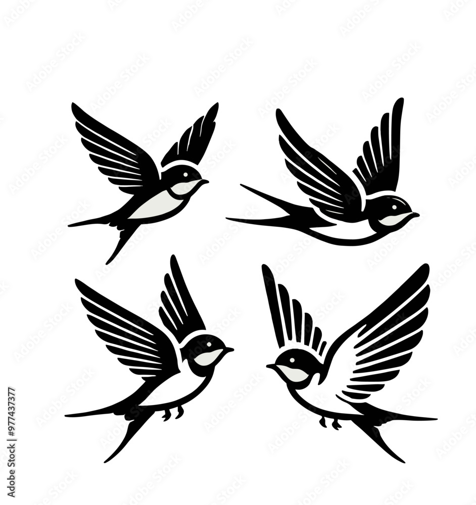 bird flying silhouettes illustration graphic design black and white vector clip art