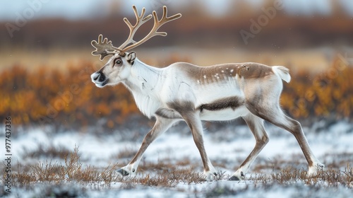 Portrait of a reindeer with massive antlers in the tundra. Reindeer in the polar region photo