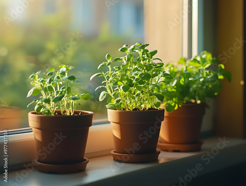 Fresh herbs growing in terracotta pots by a sunlit window, showcasing vibrant greenery and a peaceful indoor garden ambiance.