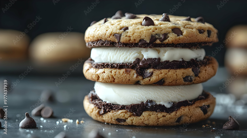 Delicious chocolate chip cookie sandwich with creamy vanilla filling, perfect for dessert and indulgence. Delicious chocolate chip cookie sandwich with creamy vanilla filling, perfect for dessert and indulgence.