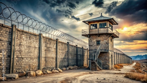 Barbed wire and stone walls surround a bleak, isolated prison yard, with a watchtower looming in the background, evoking feelings of confinement and security. photo