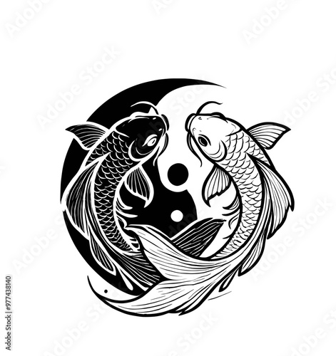koi fish yin and yang silhouettes illustration graphic design black and white vector clip art