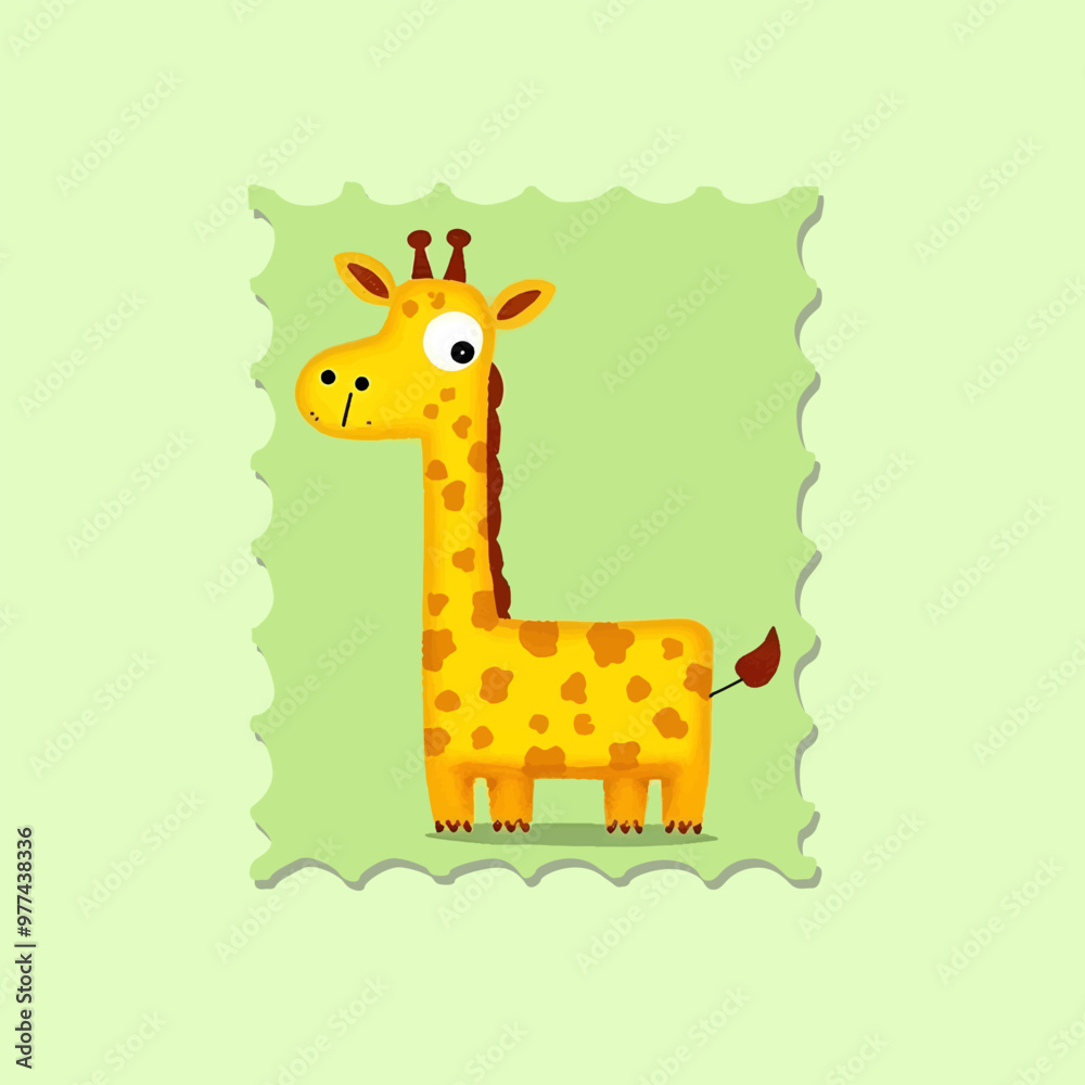 Fototapeta premium A cheerful cartoon giraffe with distinctive spots stands against a soft green backdrop