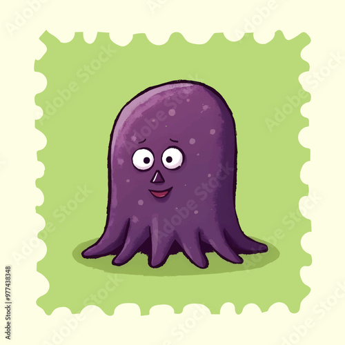 A cheerful purple octopus with rounded tentacles stands out against a green backdrop