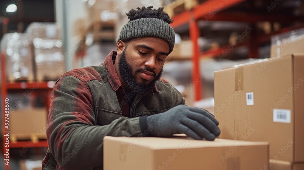 male worker in a warehouse focused on sealing cardboard boxes, demonstrating effective processes for streamlined operations and fulfillment male worker in a warehouse focused on sealing cardboard boxes, demonstrating effective processes for streamlined operations and fulfillment