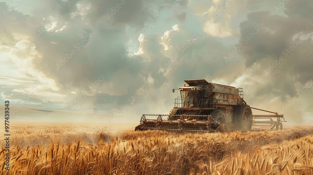 A combine harvester moves through a wheat field under a cloudy sky, representing the relentless perseverance of farmers and the agricultural cycle of planting and harvesting. A combine harvester moves through a wheat field under a cloudy sky, representing the relentless perseverance of farmers and the agricultural cycle of planting and harvesting.