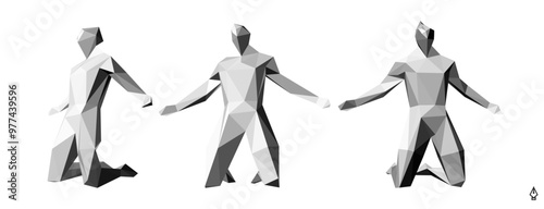 Man kneeling and praying to God. 3D vector illustration in trendy abstract polygonal style.