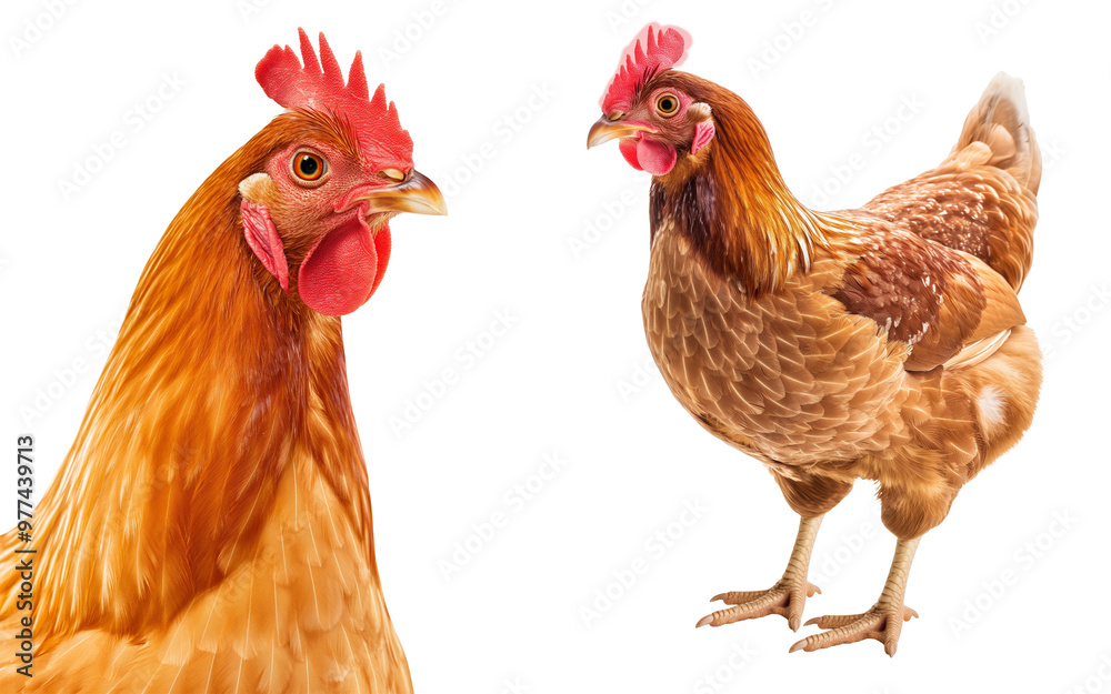 Fototapeta premium A set of hen close up and full body, isolated against a transparent background