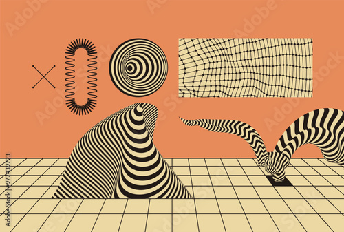 A model of the virtual space being created with a mountain, a wave on a grid. A series of abstract figures and shapes. Abstract striped geometric figure. Optical art. 3d vector illustration.