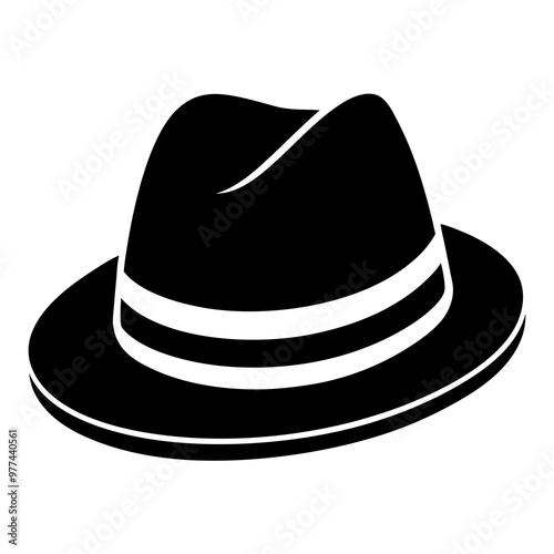 Stylish black fedora hat with white bands on a white background copy space