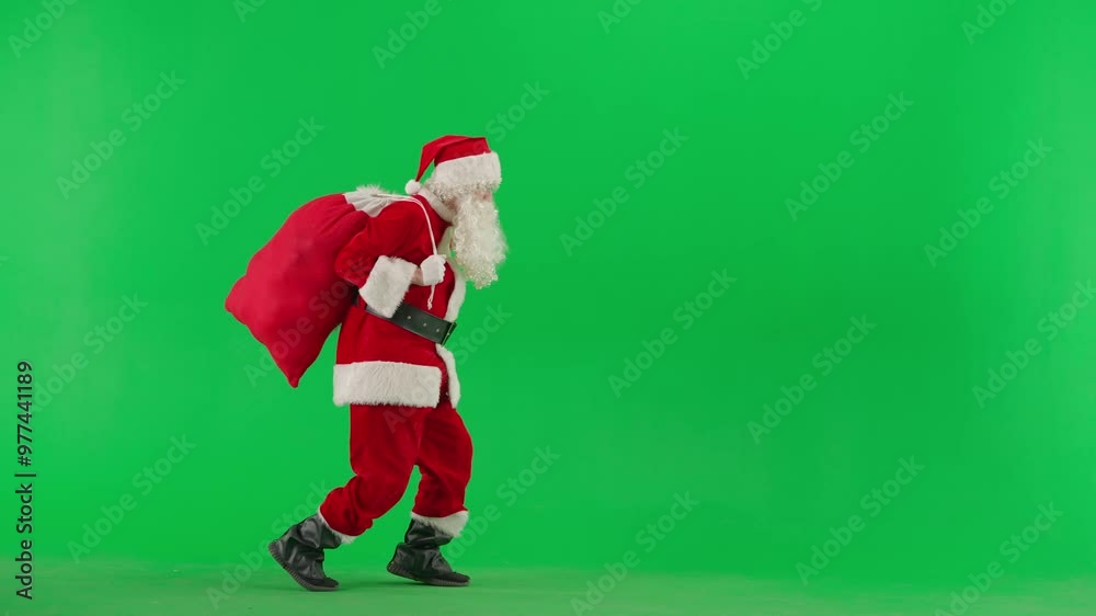 Man in red Santa suit on green background. Santa Claus with sack of presents sneaks on tiptoes and shows gesture secret. Man in red Santa suit on green background. Santa Claus with sack of presents sneaks on tiptoes and shows gesture secret.