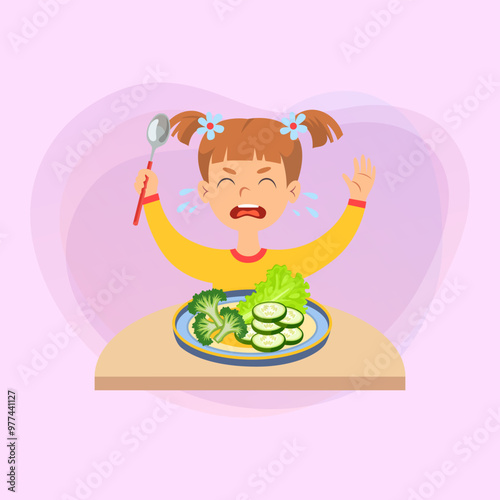 Naughty girl crying and refusing healthy food. Cartoon vector illustration. Child sitting at table and rejecting eating vegetables. Food, health, diet, caprice concept for banner and web design