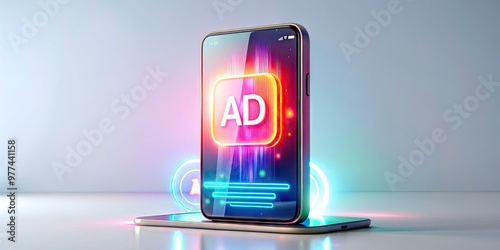 Colorful 3D representation of a smartphone with a glowing screen featuring a stylized ad symbol, surrounded by minimalist digital elements on a clean white background. photo