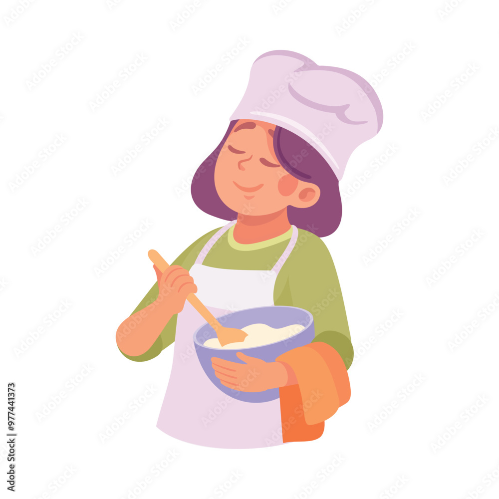 Woman Character Baking Mixing Dough in Bowl Vector Illustration Woman Character Baking Mixing Dough in Bowl Vector Illustration