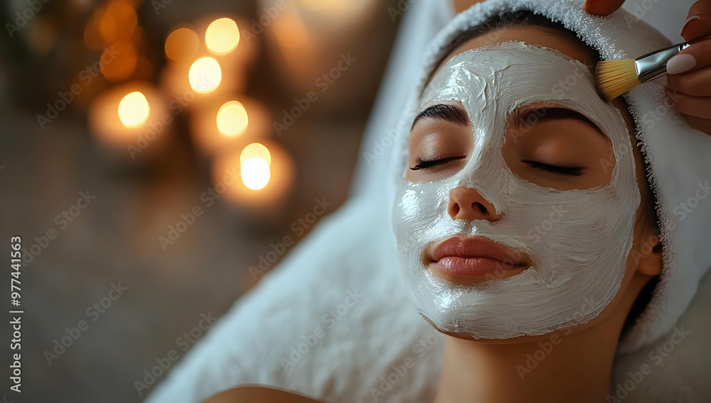 A serene moment of relaxation with a facial mask application in a calming, candle-lit spa environment.