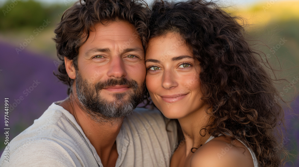 Fototapeta premium A bearded man and a curly-haired woman leaning in for a tender kiss, standing in the middle of a lavender field, the purple blossoms creating a dreamy and peaceful atmosphere aroun