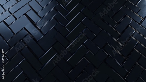 Polished, tile wallpaper with 3D, black blocks. 3D rendering of a futuristic herringbone wall background.