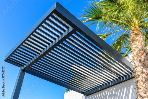 Stylish outdoor patio pergola shade structure, patio awning, and patio roof.