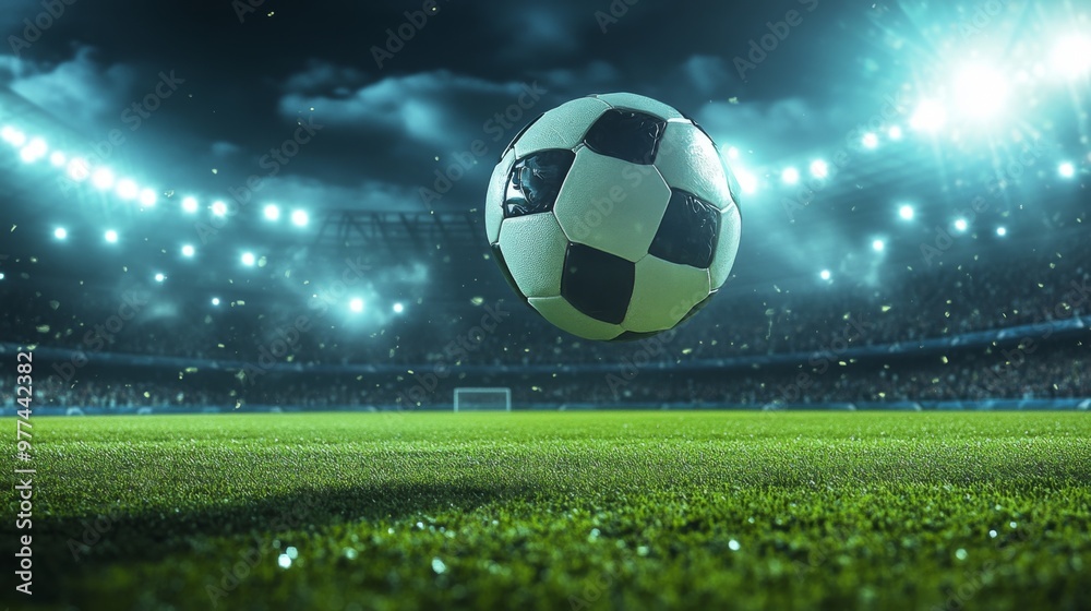 Fototapeta premium A dynamic shot of a soccer ball in mid-air, being kicked by a player on a green field with stadium lights and a cheering crowd in the background.