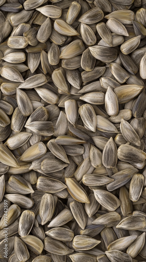 A close-up view of sunflower seeds scattered on a rustic wooden surface at sunset A close-up view of sunflower seeds scattered on a rustic wooden surface at sunset