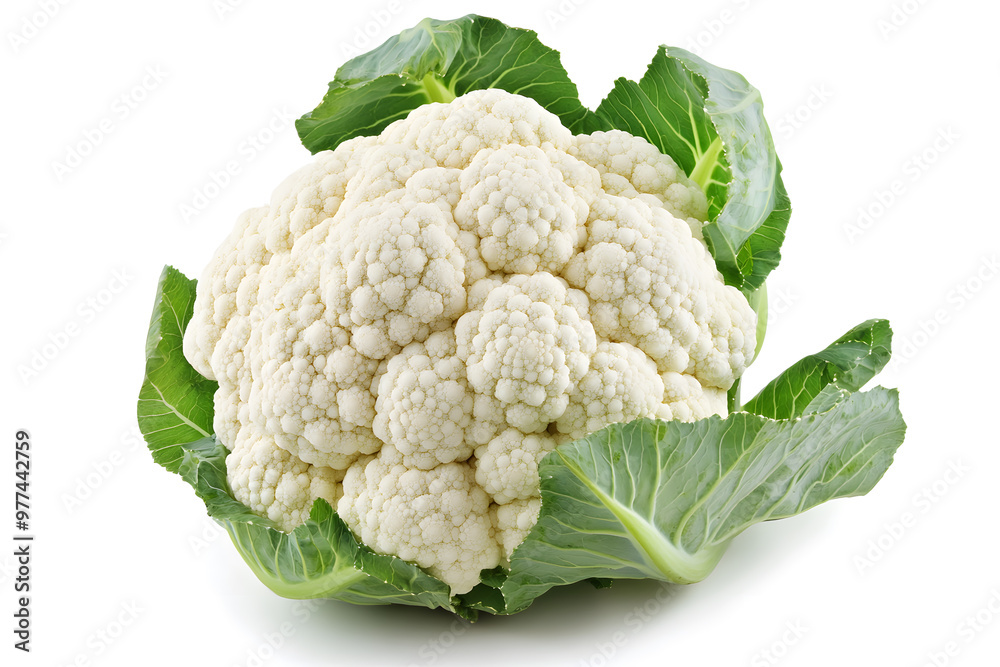 A single cauliflower head is isolated against a pure white background A single cauliflower head is isolated against a pure white background