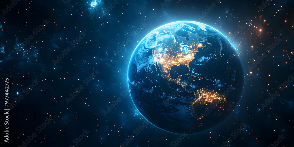 Obraz premium Stunning view of Earth from space, showcasing bright continents and vibrant oceans amidst a cosmic backdrop.